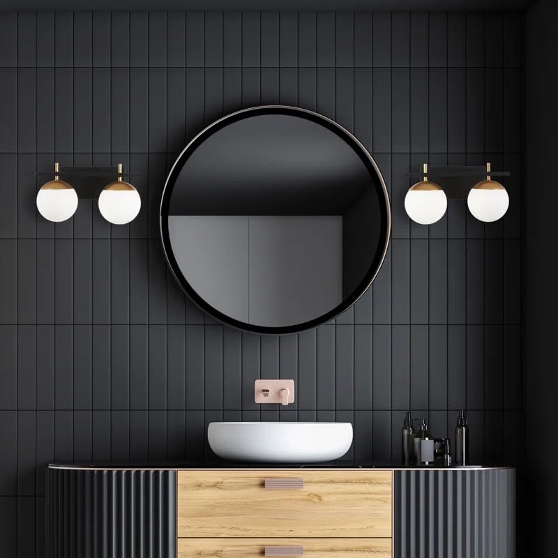 Image of Mid Century 2-Light Bathroom Vanity Light Over Mirror, Black and Gold Modern Bathroom Light Fixtures with Milky White Frosted Glass Globe Shade, Wall Sconces for Bathroom, Stairs, Kitchen