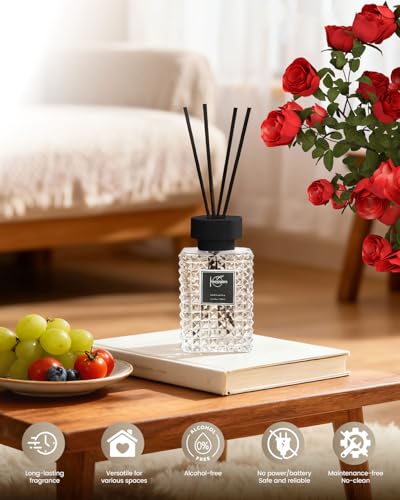 Hazioglen Reed Diffuser Set, Sandalwood Rose Scented Home Fragrance Air Freshener for Bathroom Shelf Decor, 5.07 fl oz/150ml Essential Oil with Sticks — view 5