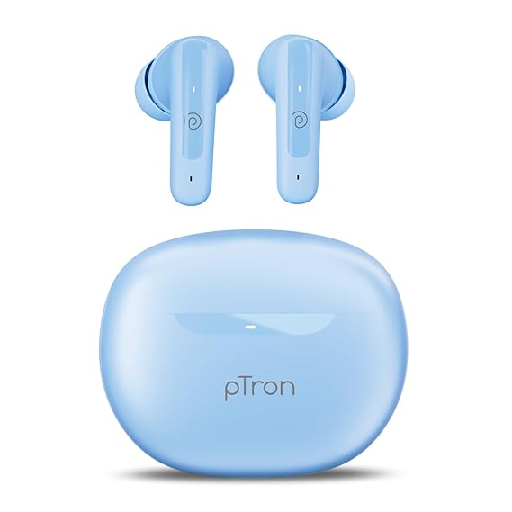 pTron Bassbuds Astra in-Ear TWS Earbuds w/Stereo Sound, 34Hrs Playtime, Stereo Calls, Custom EQ, Mobile App, BTv5.3 Headphones, Touch Control, Voice Assistant, Type C Charging & IPX4 (Light Blue)