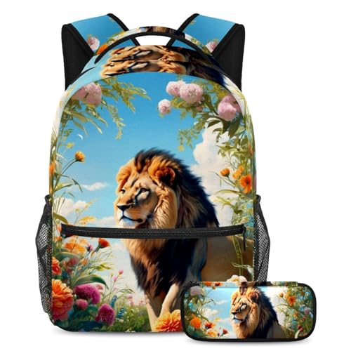 Sac à dos lion et fleur avec trousse pour enfants et adolescents | 40cm