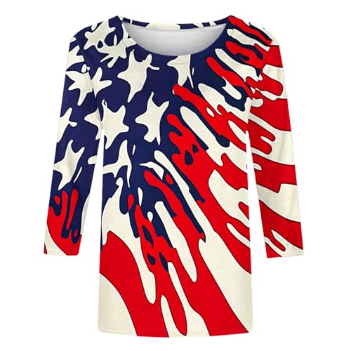 Image of Fourth of July Shirts for Women 3 /4 Sleeve Summer Tops American Flag Print T Shirt Patriotic 4th of July Shirts 2025