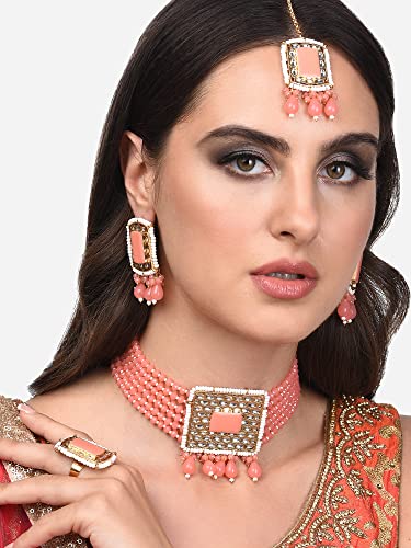 Image of ZAVERI PEARLS Peach Multistrand Beaded Choker Necklace Earring Maangtikka & Ring Set For Women-ZPFK14144