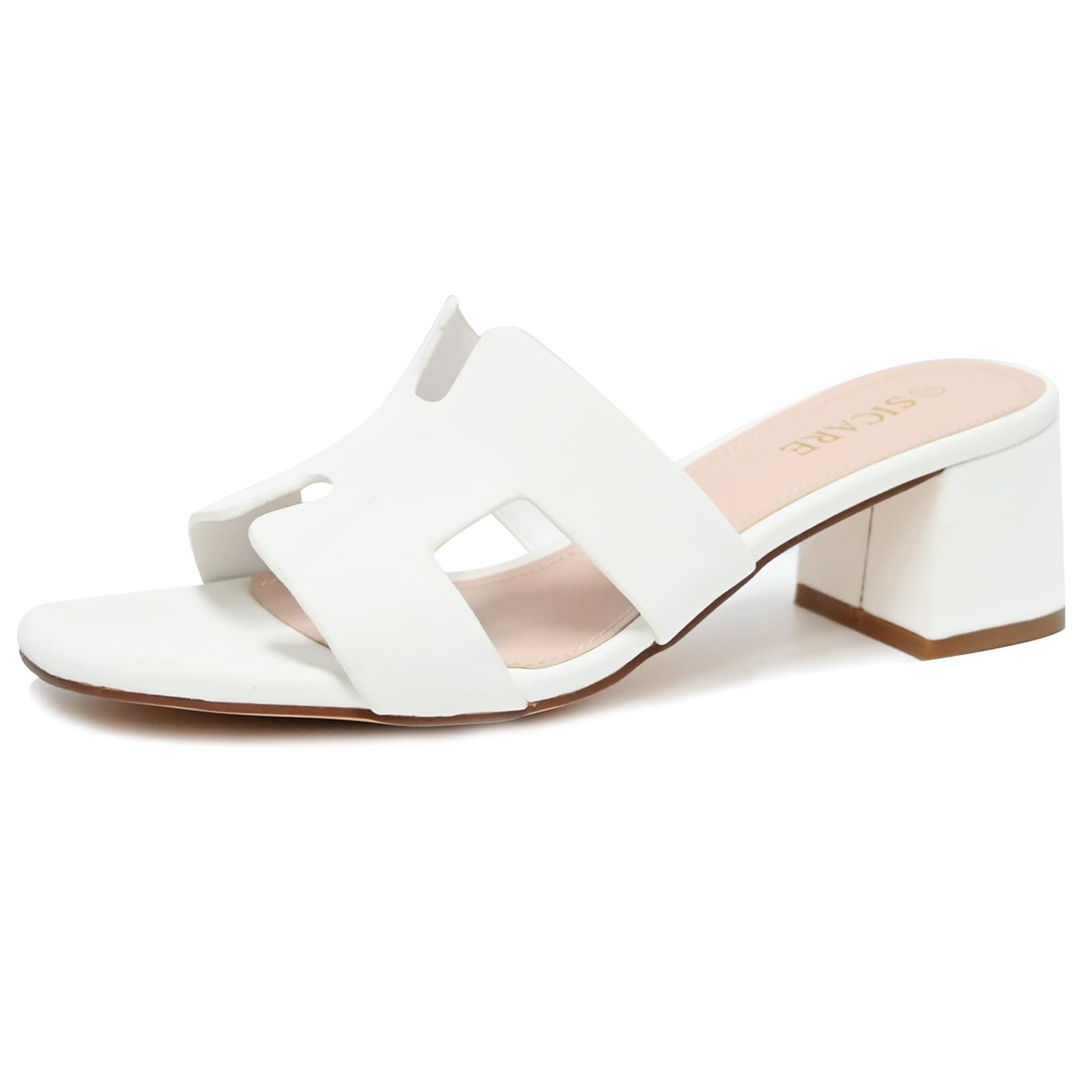 SICARE Square Open Toe Strappy Heels Sandals Low Block Chunky Heeled Sandals Slip On Slide Mules Sandals Comfortable Casual Black White Tan Dress