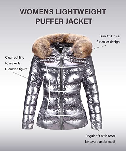 Bellivera Women Puffer Jacket, Winter Clothes Trendy Warm Quilted Bubble Padded Hood Coat With Faux Fur Collar 7695 Silver S #TOP2