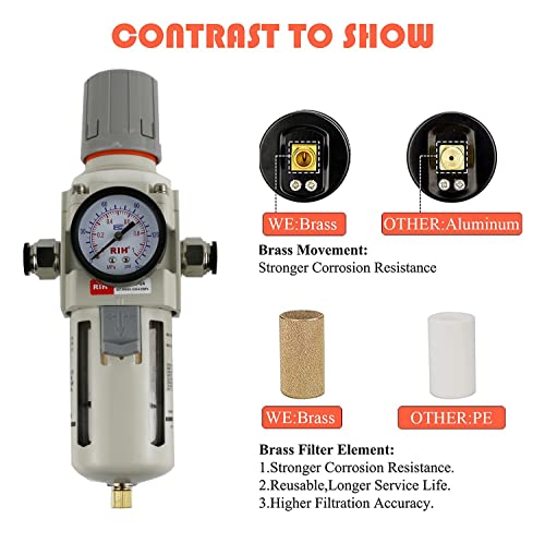RIH Pneumatics 1/2"NPT Air Filter Pressure Regulator Combo Piggyback, 5 Micron Brass Element, Poly Bowl, Semi-Auto Drain, Metal Bracket, 0-150 psi Gauge Air Tool Compressor Filter with Gauge (1/2"NPT) by RIH - Image 4