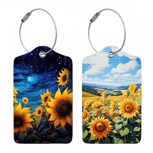 2 Pack Luggage Tag for Suitcases, Sunflower Field PU Leather Luggage Tag with Privacy Cover ID Label for Women Men Travel Cruise Baggage Handbag School Bag Backpack