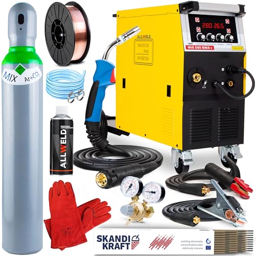Magnum MIG 280 MMA V - Soldador Inverter Profesional 280 A a 400 V - Soldadura: MIG/MAG, Hilo Tubular, MMA - Regulación de Inductividad - 4 Rodillos, Chasis Rodante - Set Pro