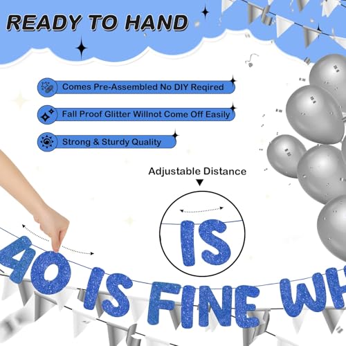 Image of Fulmoon Pre Strung 40 Is Fine When You Look 29 Banner Glitter Happy 40th Birthday Banner Funny 40th Birthday Sign 1985 Party Decorations for Men Women(Dark Blue)