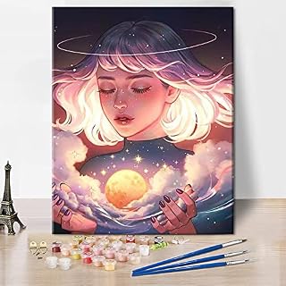 Short Hair Girl Paint by Number for Adults Beginner Stars Moon Picture DIY Painting by Numbers Kits for Adults Kids Canvas Gifts Arts Crafts for Home Decor 16 x 20 inch (Without Frame)