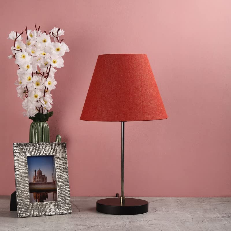 Image of Silver Table Lamp with Handmade Conical Red Texture Shade, Minimalist Design, for Couple Dinner /Coffee Table /Restaurant /Bedroom, On /Off Switch Long Wire