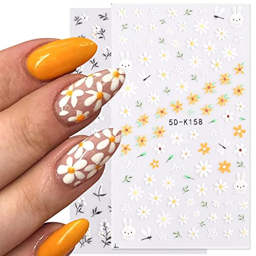 Daisy Nail Sticker 5D Embossed Flower Nail Art Supplies Floral Nail Art Stickers Self-Adhesive Luxurious Colorful Daisy Exquisite Design Stickers For Women Leaf Bunny Spring Nails Decorations 4Sheets #TOP6