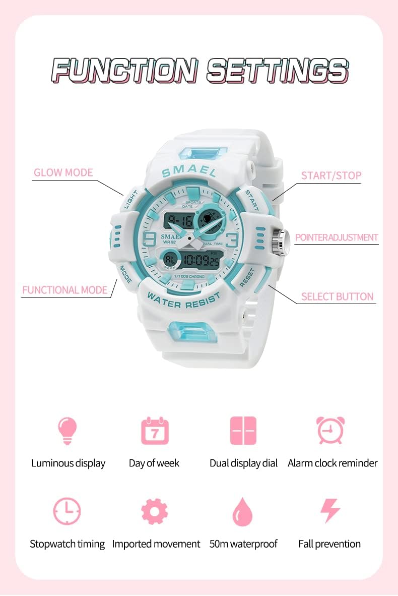 Gosasa Dual time Zone Multifunctional Watch, Digital Electronic Waterproof Sports Watch, Leisure Watch, Student Youth Vitality Candy Color Student Watch (Light Green)