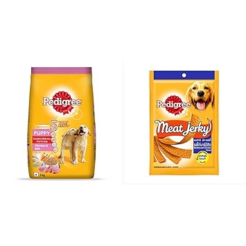Pedigree Puppy Dry Dog Food, Chicken & Milk, 3kg Pack & Pedigree Adult Dog Treat Sticks Meat Jerky Stix, Barbeque Chicken, 80 g Pouch