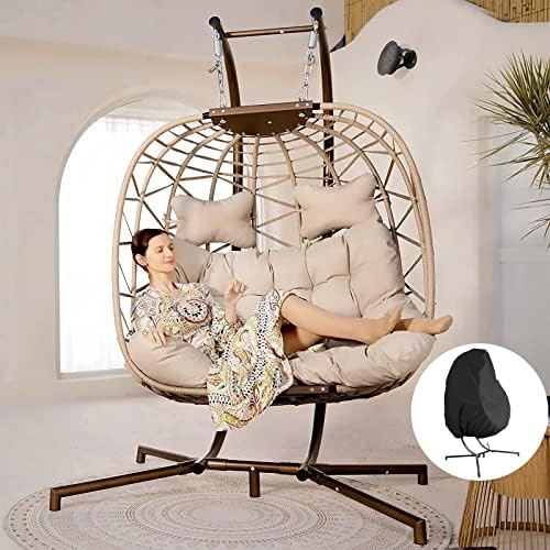 BULEXYARD Double Swing Egg Chair with Stand Indoor Outdoor 2 Person Large Wicker Hanging Chair Oversized Twins Patio Loveseat 2 Seat Egg Chair Cream with Cover
