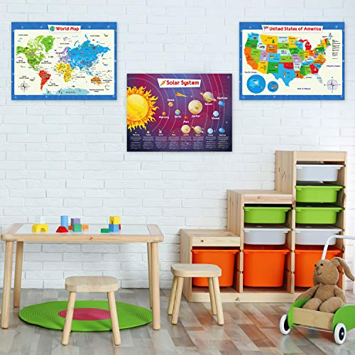 3 Pack - Solar System Poster, World Map Poster For Kids Wall And United States Map For Kids, Perfect Maps For Toddlers, Children, Kindergarten, Preschool, Playroom Or Classroom, Laminated, 24X18 #TOP5