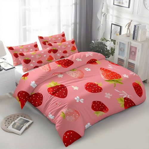 Housse de couette 240x260 fraise et microfibre avec 2 taies d'oreiller