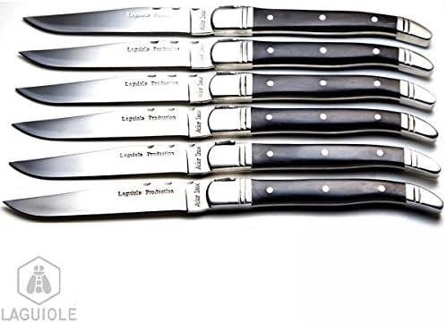 LAGUIOLE 6 steak black wood knives. Stainless steel. Luxury boxed set of table knives for everyday use, presented in a presentation box.