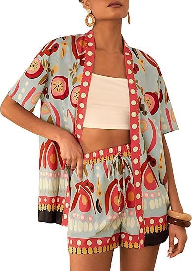 Women Boho Tropical Print Beach Cover Up Shorts Set 2 Piece Summer Lounge Outfit Lightweight Swimwear Matching Outfit
