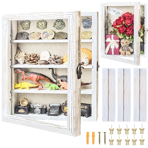 Image of White 11x16 Large Shadow Box Frame Deep Shadow Box with Shelves Memorial Shadow Box Display Case with Linen Back for Handicrafts,Picture Frames,Medals,Coins,Pins Collection and More