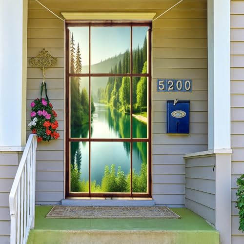 Image of Faux Window Door Cover - Forest Lake Front Door Decorations