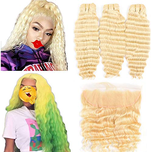 613 Bundles with Frontal Peruvian Hair Honey Blonde Deep Wave Human Hair Bundles with Lace Frontal with Baby Hair Transparent Lace Color Remy Hair Can Be Dyed (202224+18", bundles with frontal)