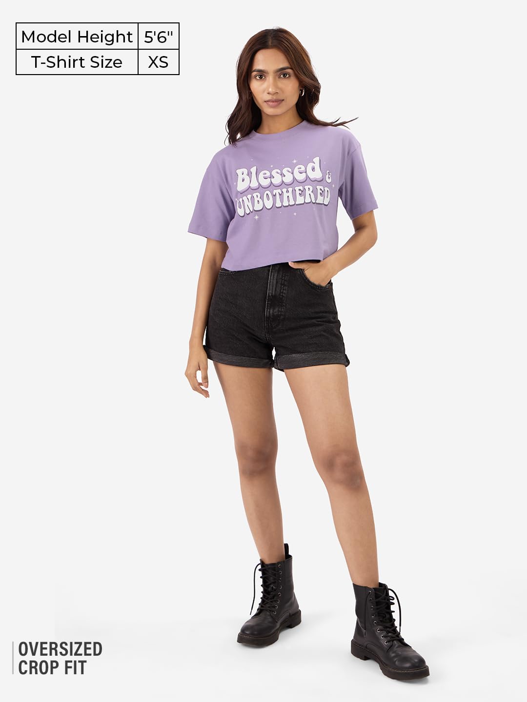 The Souled Store Blessed and Unbothered - Camisetas de manga corta para mujeres y niñas, cuello redondo, estampado gráfico morado, de algodón, de gran tamaño