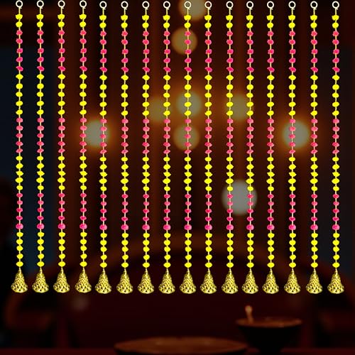 Image of iHandikart Decorative Pack of 6 Pink & Yellow Pom Pom Wall Hanging, 40 Inch Decorative Strings for Door, Balcony & Festival & Housewarming Decoration (RKH-223-6)