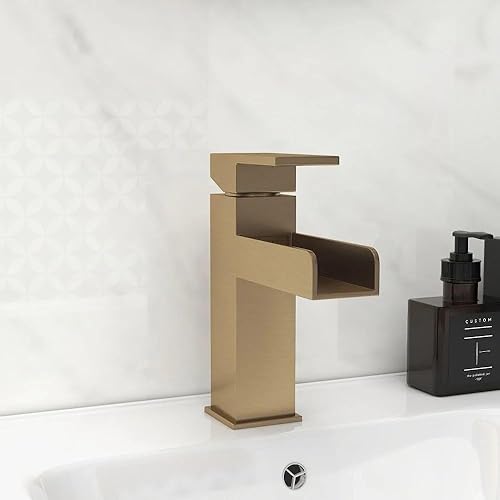 Miniatura 2 de Homary Moderno grifo de lavabo de baño con boquilla de cascada de oro cepillado de latón macizo montado en cubierta de una sola palanca, relleno de