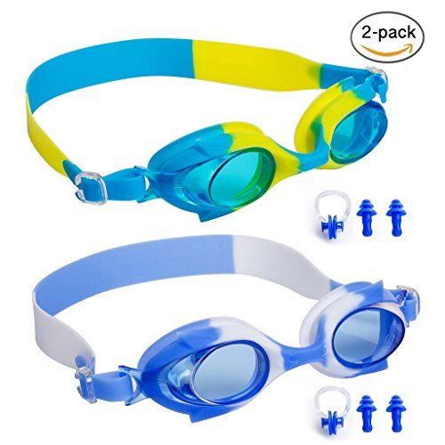 Kids Swim Goggles,Swimming Glasses for Children and Early Teens from 3 to 15 Years Old, Anti-Fog, Waterproof&UV Protection,With Ear Plugs and Nose Clip,2 Pack By Gowave