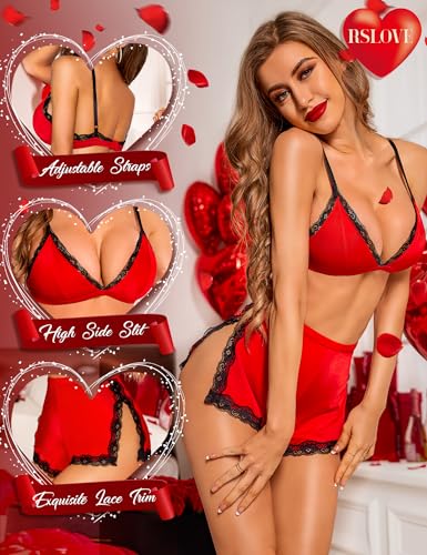 Image of RSLOVE Sexy Pajamas for Women Soft Lingerie Set Lace Trim Sleepwear 2 piece Pjs Shorts Set