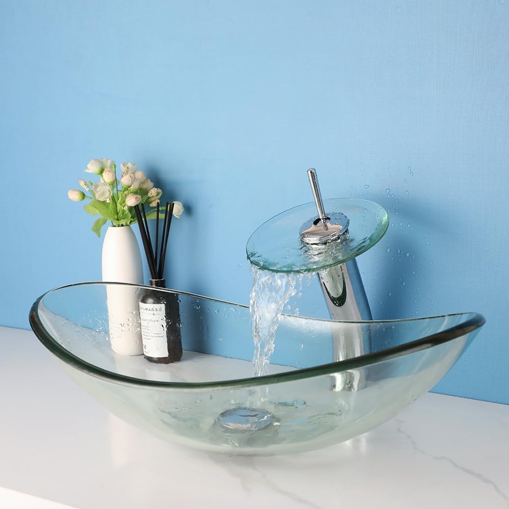 22 Inch Bathroom Vessel Sink with Waterfall Faucet and Pop-Up Drain Combo,Clear Glass Sink Bowl Above Counter Oval Bathroom Sink Basin