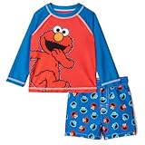 Sesame Street Toddler Boys Raglan Rash Guard and Swim Trunks UPF 50+ Outfit Set Red/Blue Elmo Cookie Monster 4T