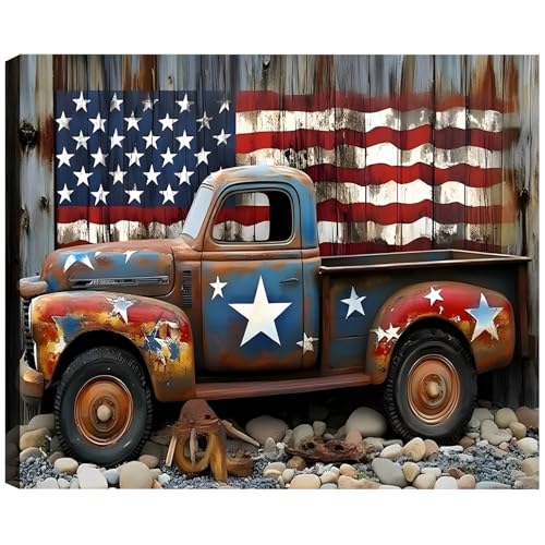Image of Framed Rustic American Flag Vintage Truck Wall Art, Patriotic Farmhouse Canvas Art Pictures, Distressed USA Wall Decor for Garage Man Cave Living Room, Ready to Hang Made in USA