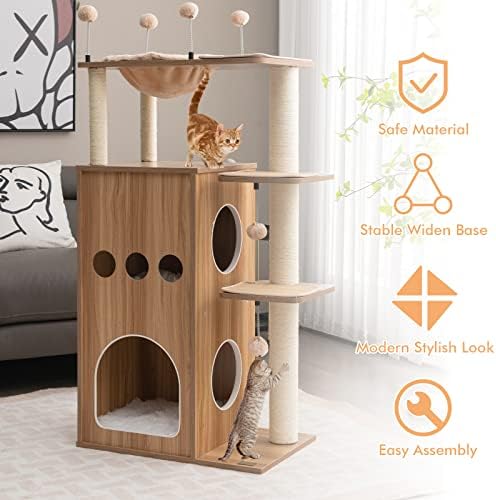 COSTWAY Wooden Cat Tree, Multi-Level Cats Climbing Tower with Hammock, 2 Condos, Scratch Posts, Washable Mats and Spring Balls, Indoor Kitten Activity Furniture Play House