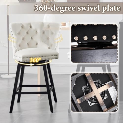 Image of Beige Swivel Bar Stools, Velvet Counter Height Bar Stools Set of 3