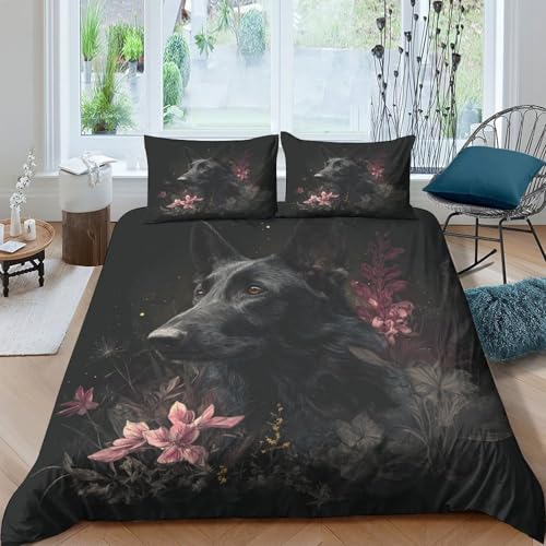 Housse de couette chien noir parure lit 140x200 microfibre