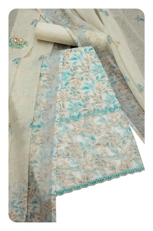 soch Womens Off White Linen Floral Unstitch Dress Material With Thread Work-picture-38