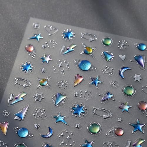 Star Nail Stickers for Nail Art 5D Embossed Blue Nail Art Stickers Heart Nail Decals Moon Colorful Nails Designs Self-Adhesive Nails Art Decals Nails Decoration Supplies for Women Girls DIY Manicure