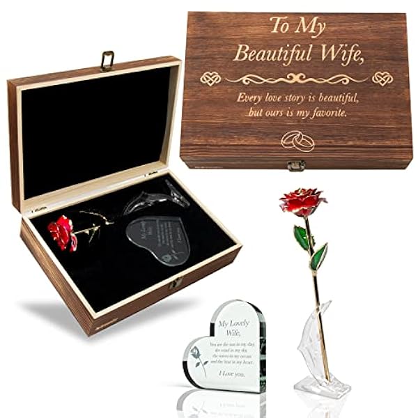 GreenCor Verjaardag voor haar | Vrouw | Vrouwen - Gegraveerde Houten Gift Set 'to My Beautiful Wife' Inclusief Crystal gegraveerd hart | 24K Gold Dipped Rose | Verjaardag | Valentijnsdag