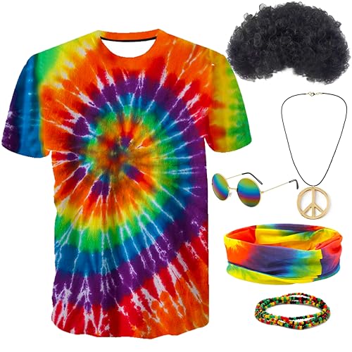 Gionforsy Hippie Costume Outfit for Men Women 60s 70s Costume Accessories Afro T-shirt Wig Set for Cosplay Halloween Party (Colorful Large)