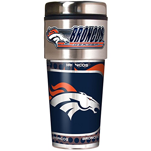 NFL Denver Broncos Metallic Travel Tumbler, Stainless Steel and Black Vinyl, 16-Ounce