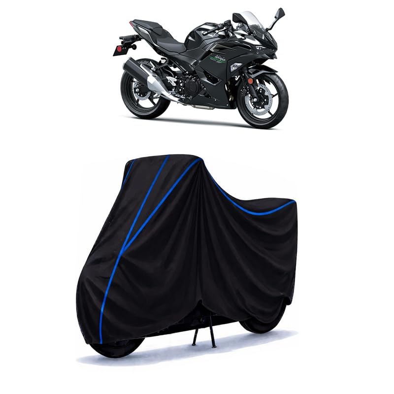 Image of Ninja 500 Bike Cover Water Resistant Universal Motorcycle Rain | Heavy Duty UV Protection, Dust, Scratch Indoor Outdoor All Weather with Black Blue Piping Elastic