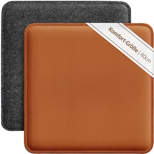 Miqio Design Sitzkissen | Wendekissen Rechteckig aus Filz und Kunstleder | Komfortgröße XL Stuhlkissen 40x40 cm | 2er-Set | Sitzauflage für Bank und Stuhl |Dunkelgrau-Cognac