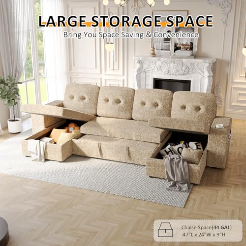Image of Modular Sectional Sleeper Sofa Bed, 117 inch U-Shaped Sofa with Dual Storage Chaise | Reclining Backrest | Wide Armrest, Couches for Living Room, 4 in 1 Pull Out Couch Bed, Khaki