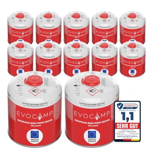 EVOCAMP 12x Propan Butan Gaskartuschen 450g einsetzbar für Weber Grills Q100/1000-Serien, Schraubkartusche Eurogewinde 7/16", Ventilkartusche 809ml mit Sicherheits-Verschlussautomatik