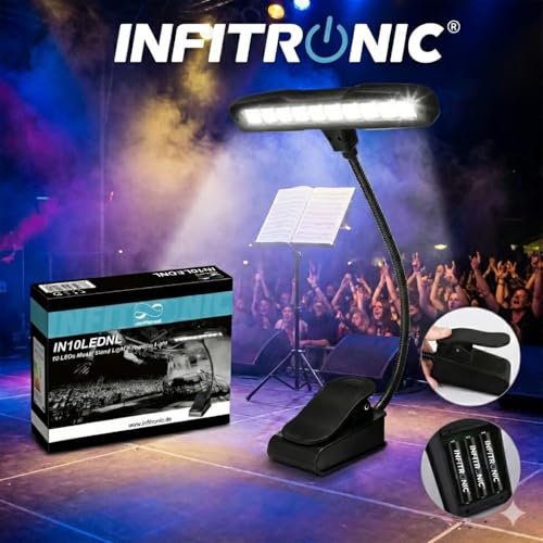 Infitronic LED Notenpultleuchte mit Clip – 10 LEDs, Tageslichtweiß 6500K, über 1000 Lux – 2 Helligkeitsstufen, Dual-Power (Batterie & Netzteil) – Inkl. EU-Netzteil & Tasche – Schwarz