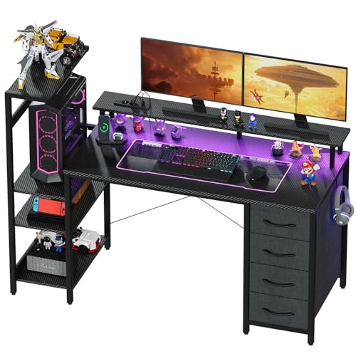 YOUDENOVA Gaming Schreibtisch 130 * 50cm,Gaming Tisch mit LED-Beleuchtung & Steckdose,Computertisch mit Schubladen,Carbon Fiber Schwarz