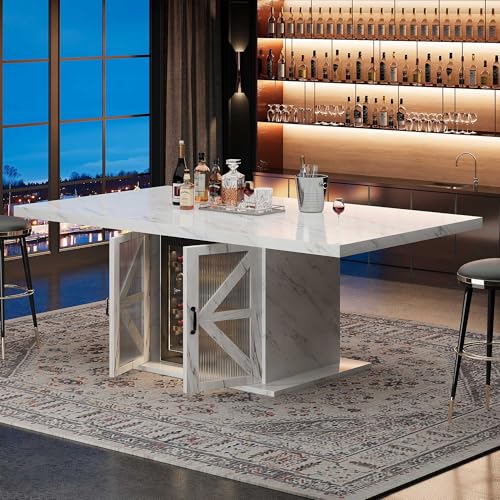 LVB Modern Dining Table for 4 to 6, White Rectangle Kitchen Table with Storage, Wooden Pedestal Dining Room Table with Fridge Space, Large Dinner Tables for Home,Living Room,White Faux Marble, 63 Inch