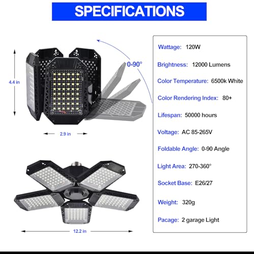 2 pack led garage lights 120w deformable led garage ceiling light with 5 adjustable panels 12000lm e26 shop lamp for basement barn high bay store 2 pack