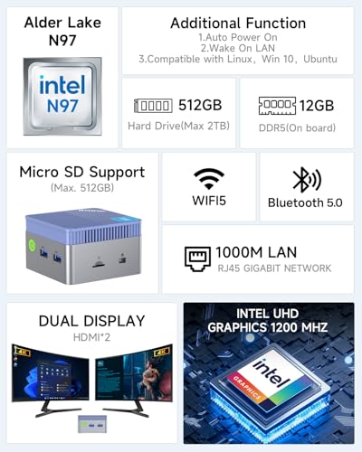 Image of GMKtec Mini PC Intel N97 (up to 3.60GHz) 12GB DDR5 512GB SSD Micro Desktop Computer for Business, School, Office Support 4K Dual HDMI Display /WiFi5 /BT4.2 /USB3.2 Blue G5
